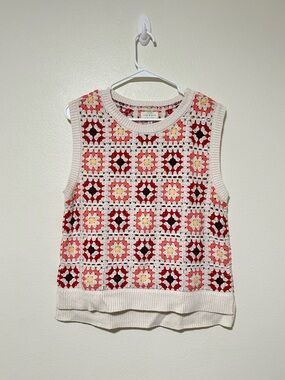 Lucky Brand Crochet Granny Square Knit Tank Top in Cream and Red